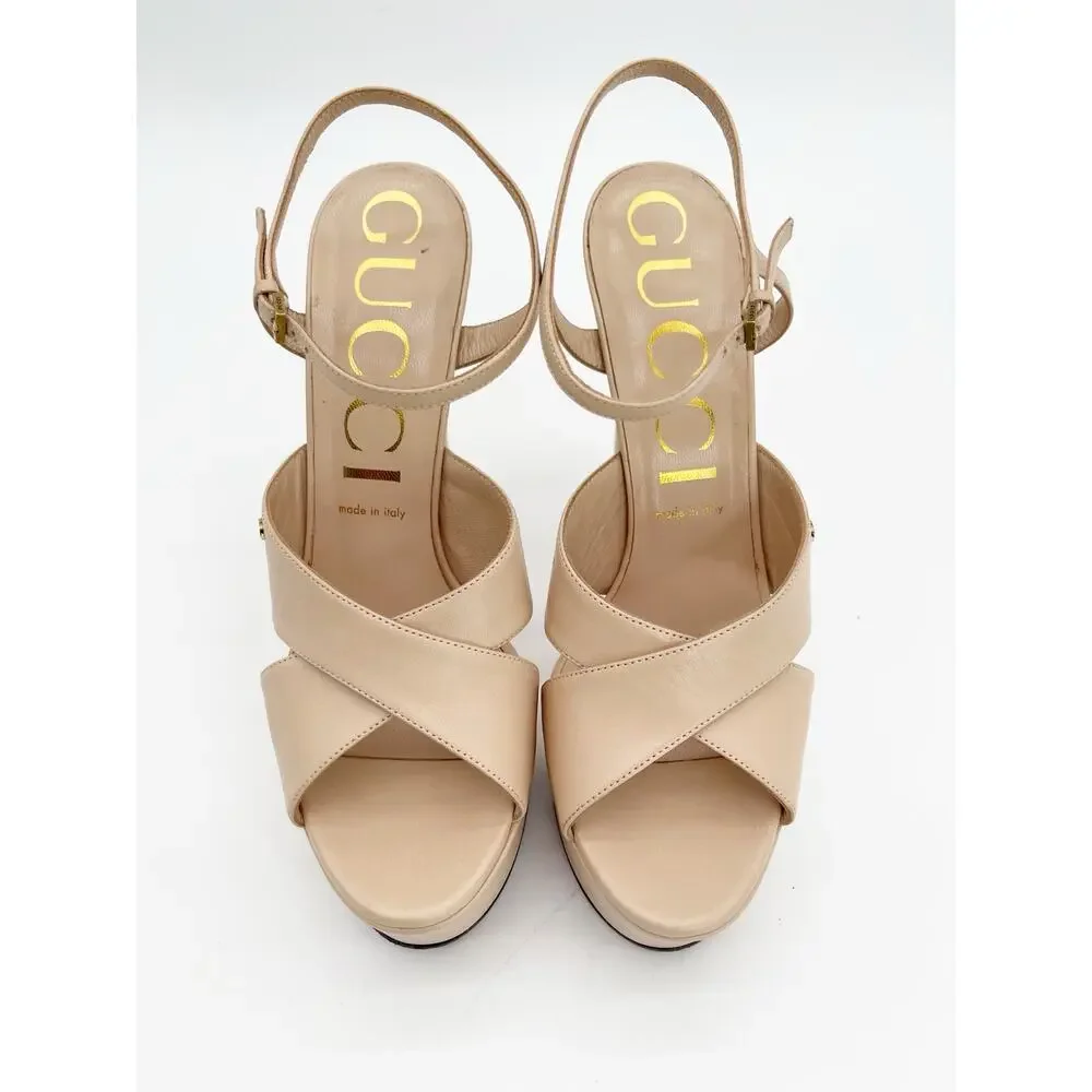 Gucci Angel Light Pink Leather Crisscross GG Platform High Heel Sandals IT 40